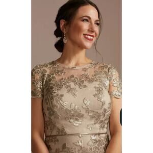 Oleg Cassini Lace Applique Cap-Sleeve Long Sheath Formal Gown in Champagne, 6